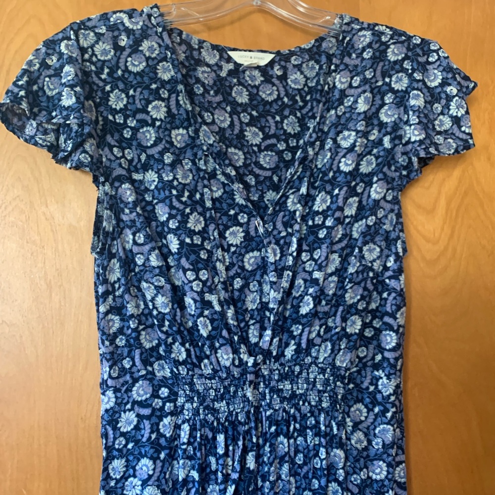 Floral Blue Dress with Ruffle Sleeves